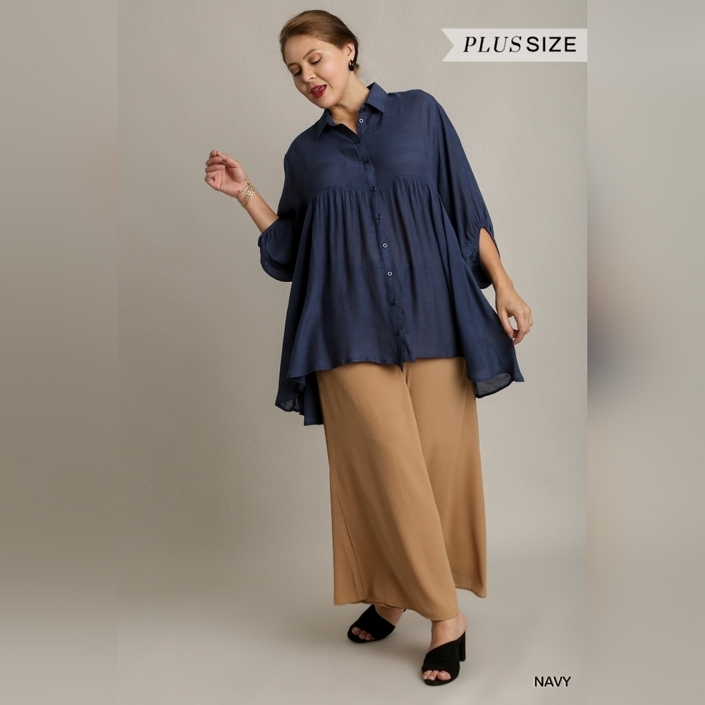 LAST ONE! NWT Umgee Navy Blue 3/4 Sleeve  Button Down Oversize  Tunic Top - Picture 2 of 4